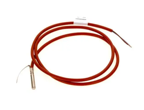 Brauner Temperaturfühler mit einem metallischen Sensor und zwei Kabeln, hergestellt von Bosch, zur Messung der Wassertemperatur.